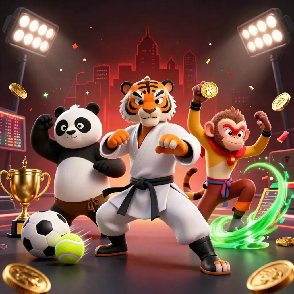Kung-fu tiger, panda, and monkey amid flying balls, gold coins, trophy, and neon stadium lights.