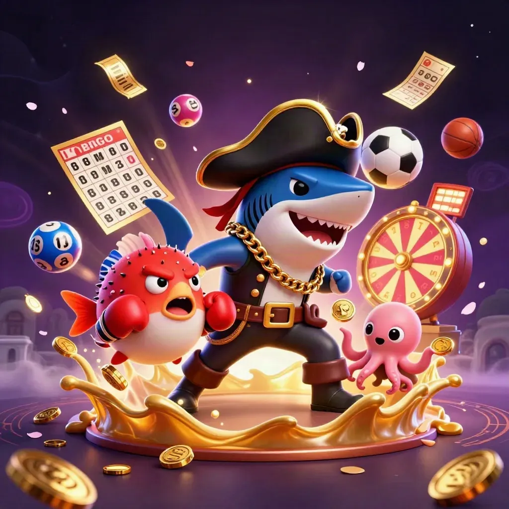 Pirate shark, pufferfish and baby octopus amid casino props, gold coins, neon magic and purple haze.