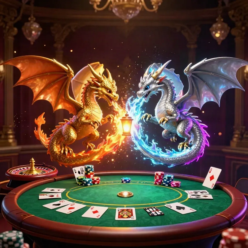 Gold and silver dragons spiral in casino light with chips, cards, and a lantern spirit.