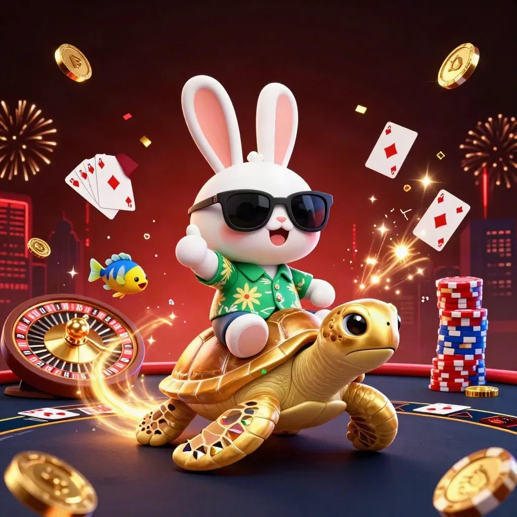 Lucky rabbit on a golden sea turtle amid coins, roulette, cards, chips, fireworks, and neon casino glow