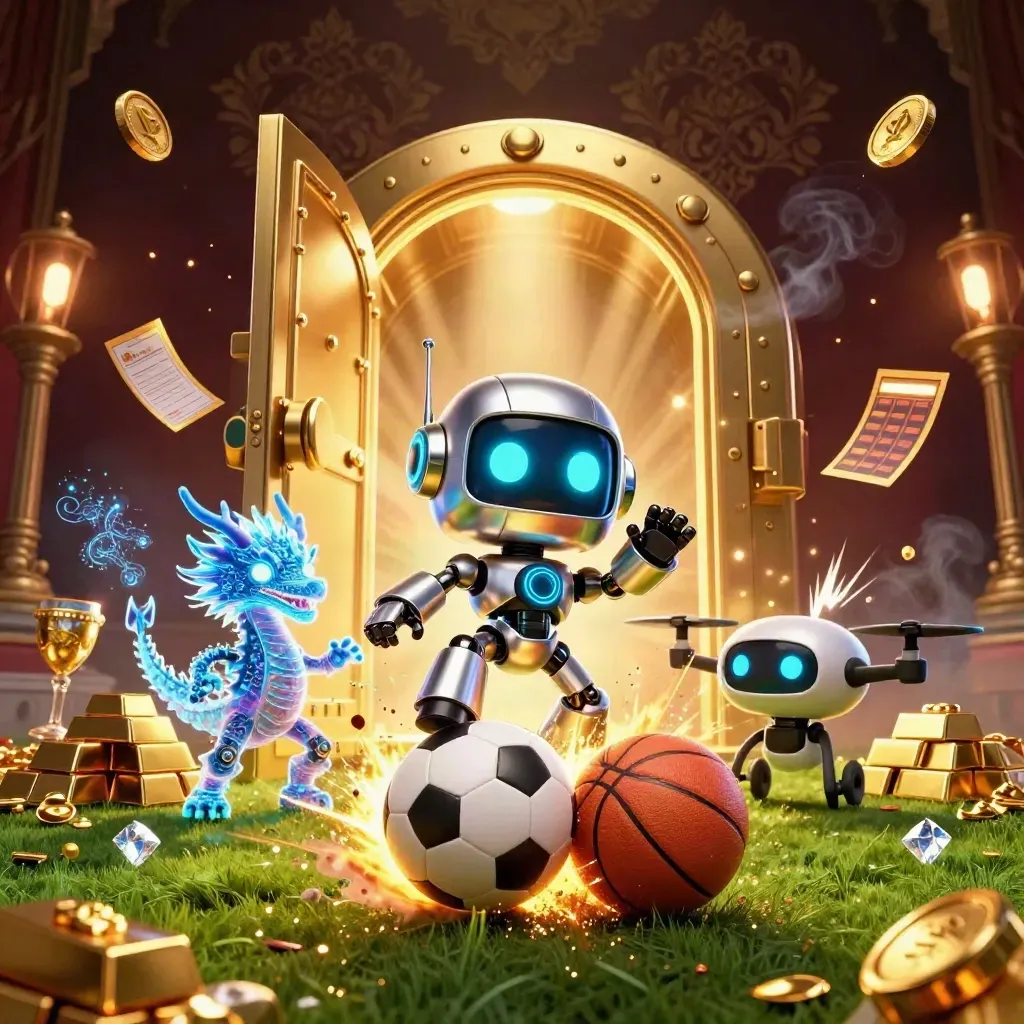 Chrome robot, holographic dragon, drone, and flying sports balls amid gold and vault light.