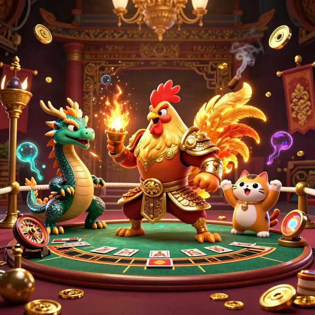 Rooster warrior, dragon hatchling, and fortune cat in a lavish casino fantasy scene.
