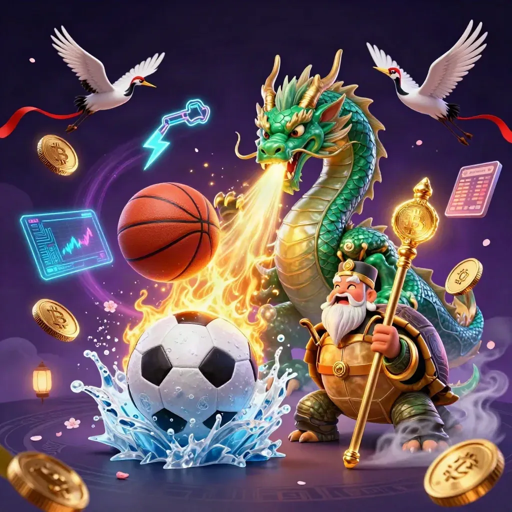 Emerald dragon, turtle sage and cranes amid casino coins, balls and neon magical energy.