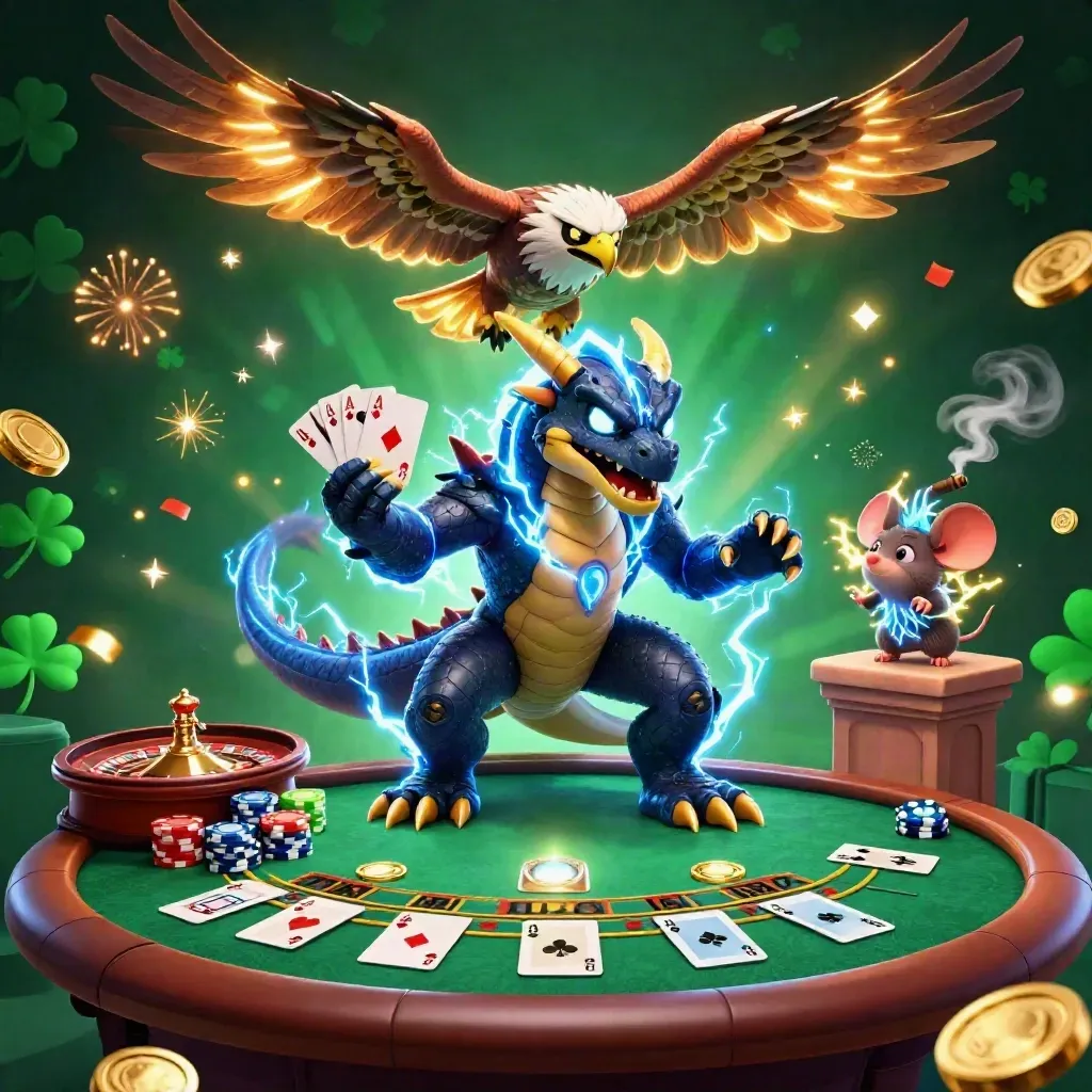 Thunder dragon, wind hawk and static mouse amid casino tables, chips, sparks and neon light.