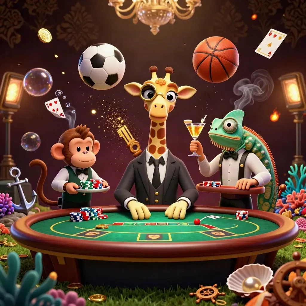Luxury casino animals at a poker table with flying sports balls, gold coins, and treasure cove effects.