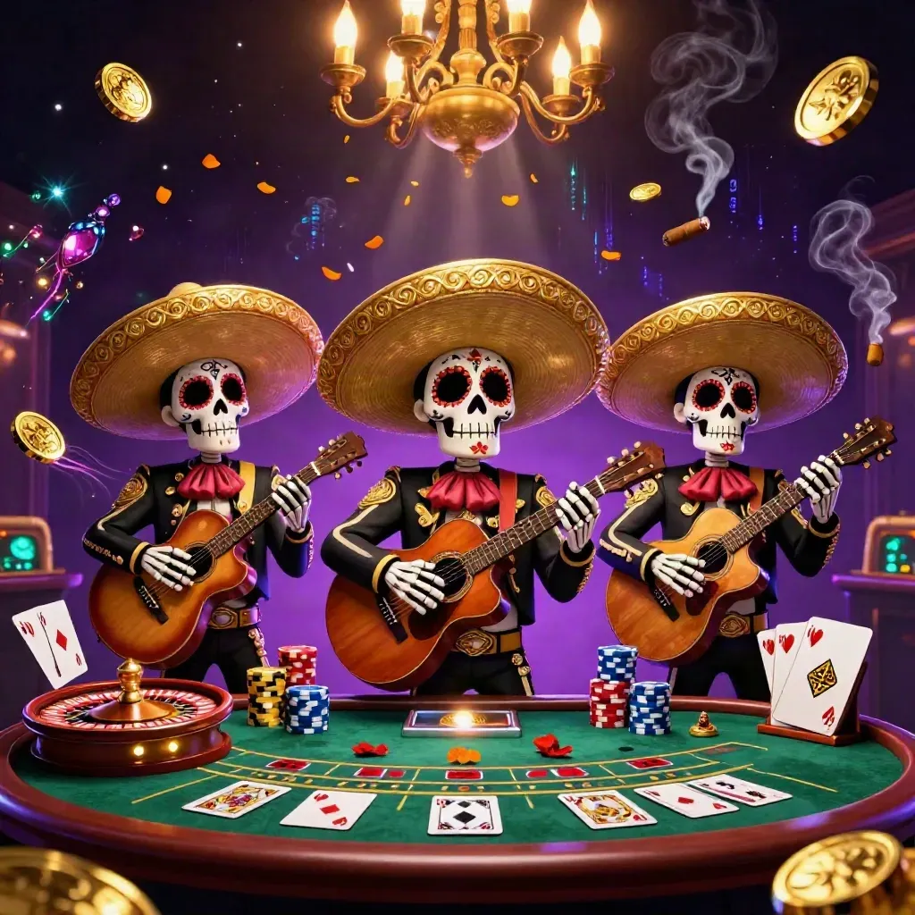 Skeleton mariachi trio in a glowing casino with coins, gems, roulette wheel, chips and neon effects