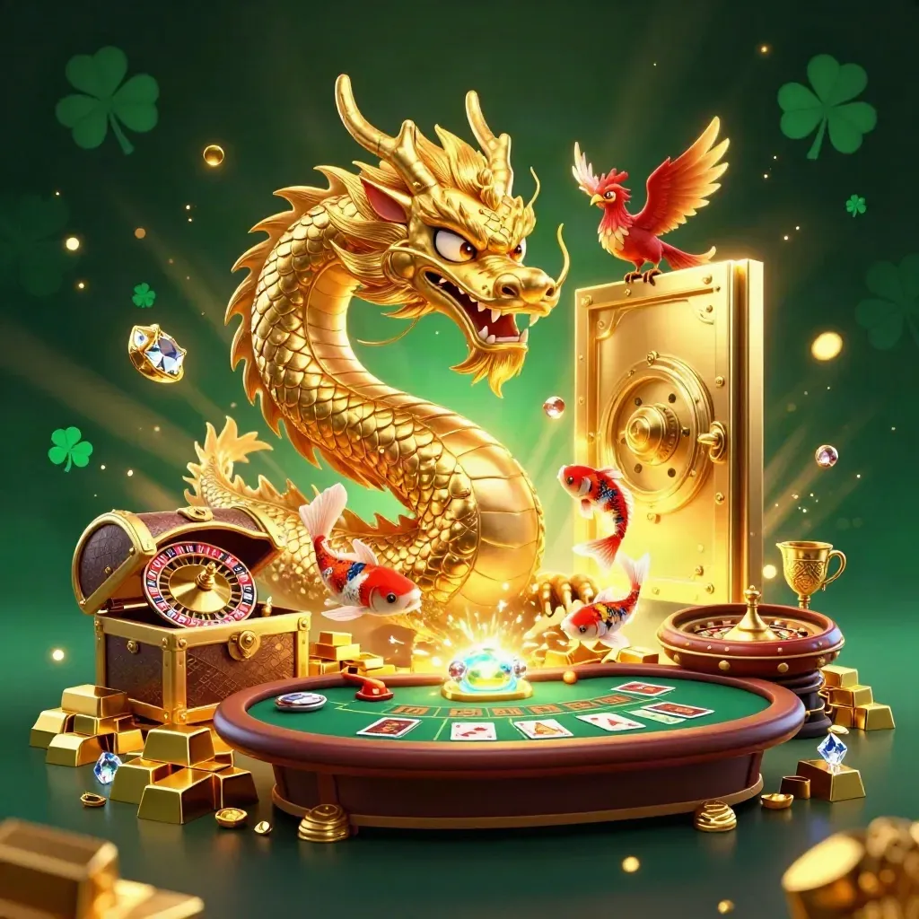 Golden dragon and phoenix over a casino vault, with gold bars, roulette, and emerald glow.