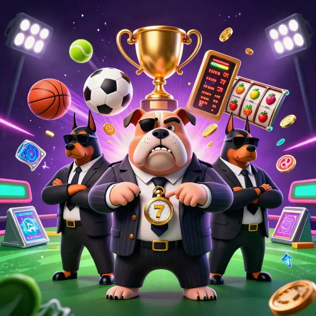 Bulldog mob boss and Dobermans amid coins, sports balls, trophy, and neon casino energy