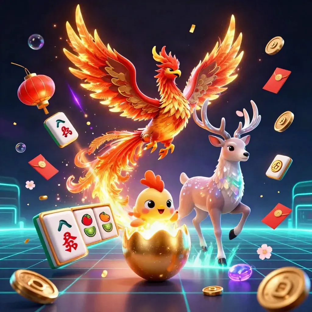 Fire phoenix, hatching phoenix, and crystal stag with casino game elements glowing around them