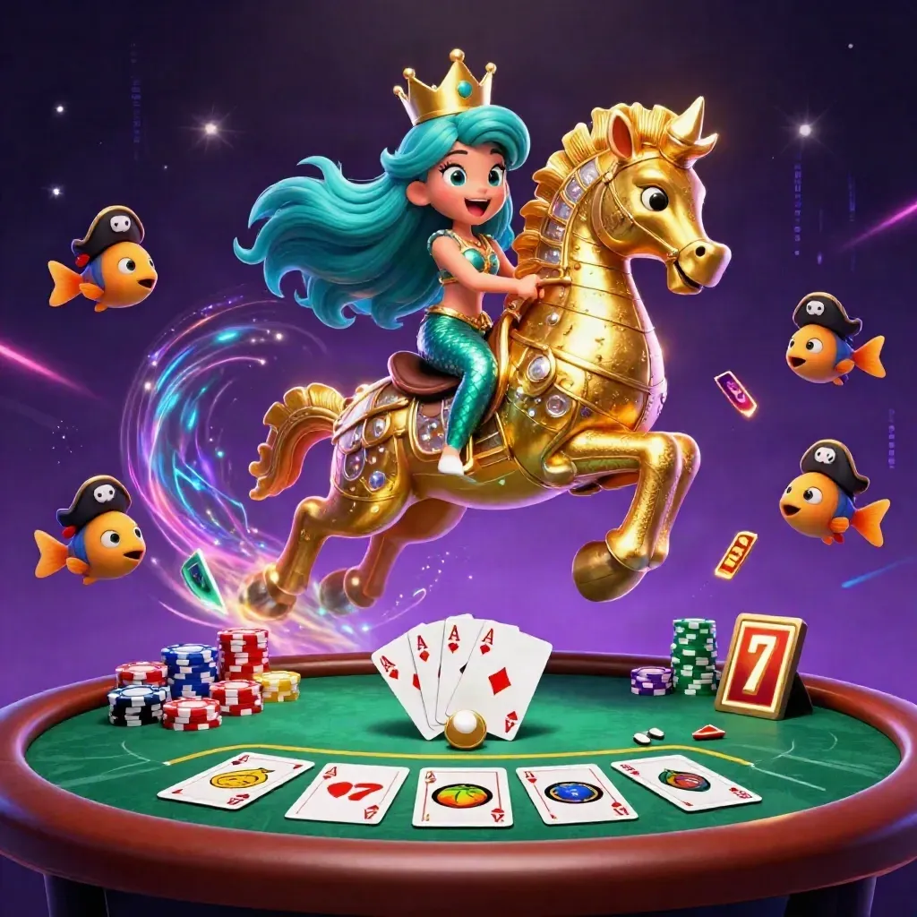 Mermaid princess on armored seahorse amid poker chips, aces, neon magic, and pirate-fish chaos