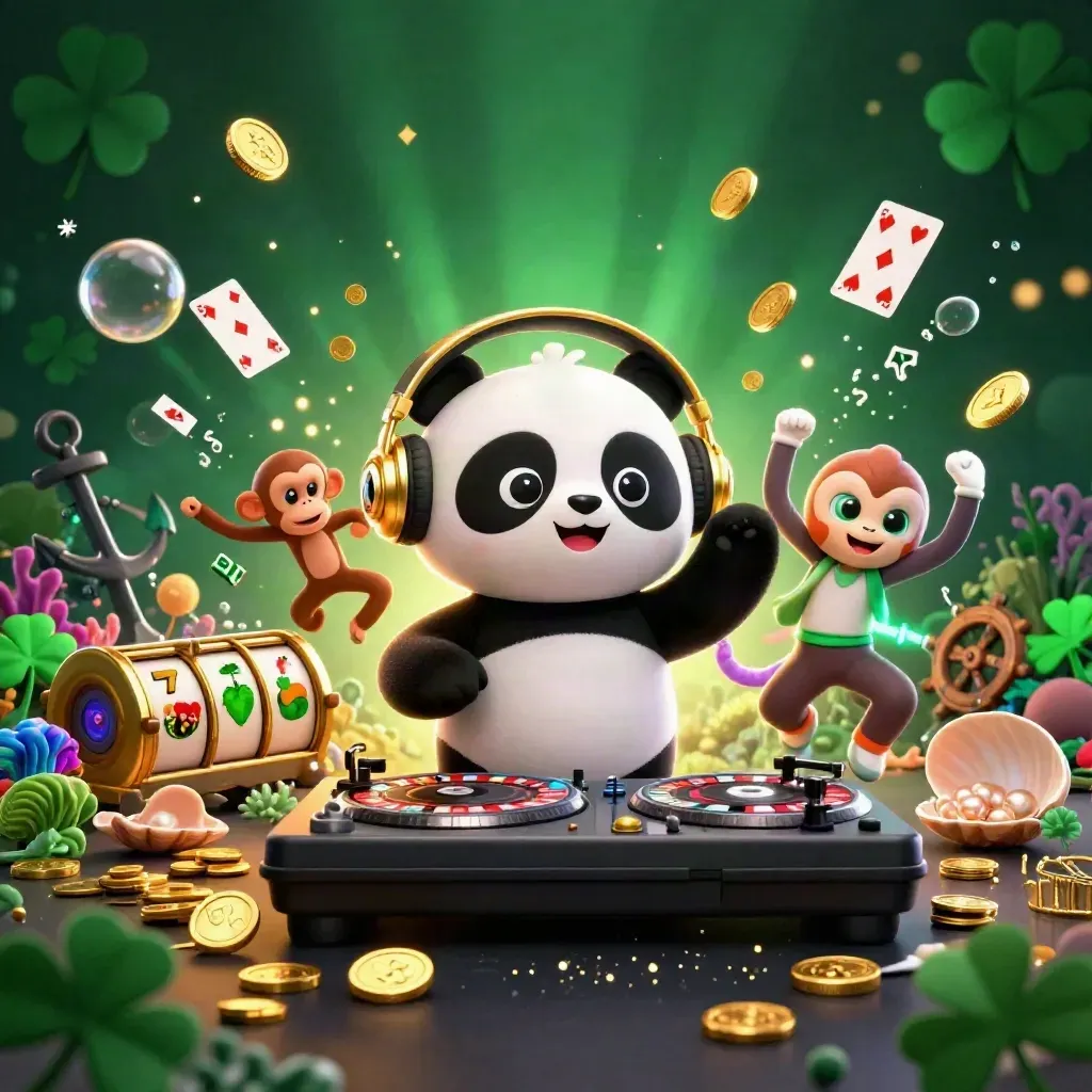 DJ panda, dancing monkey, and glow-stick kitten amid treasure, coral, coins, and casino energy.