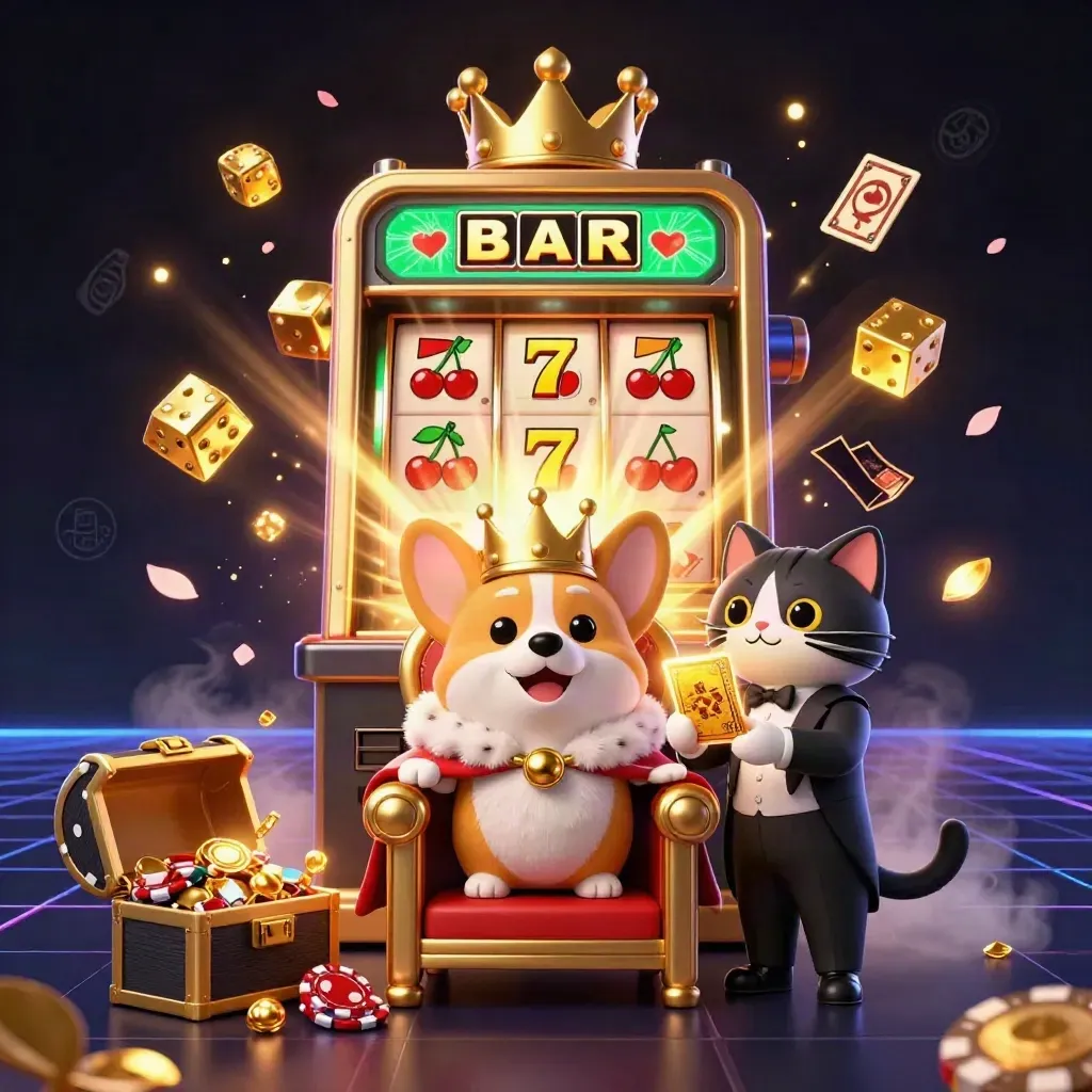 Royal corgi and cat butler explode a jackpot slot in luxe emerald casino light