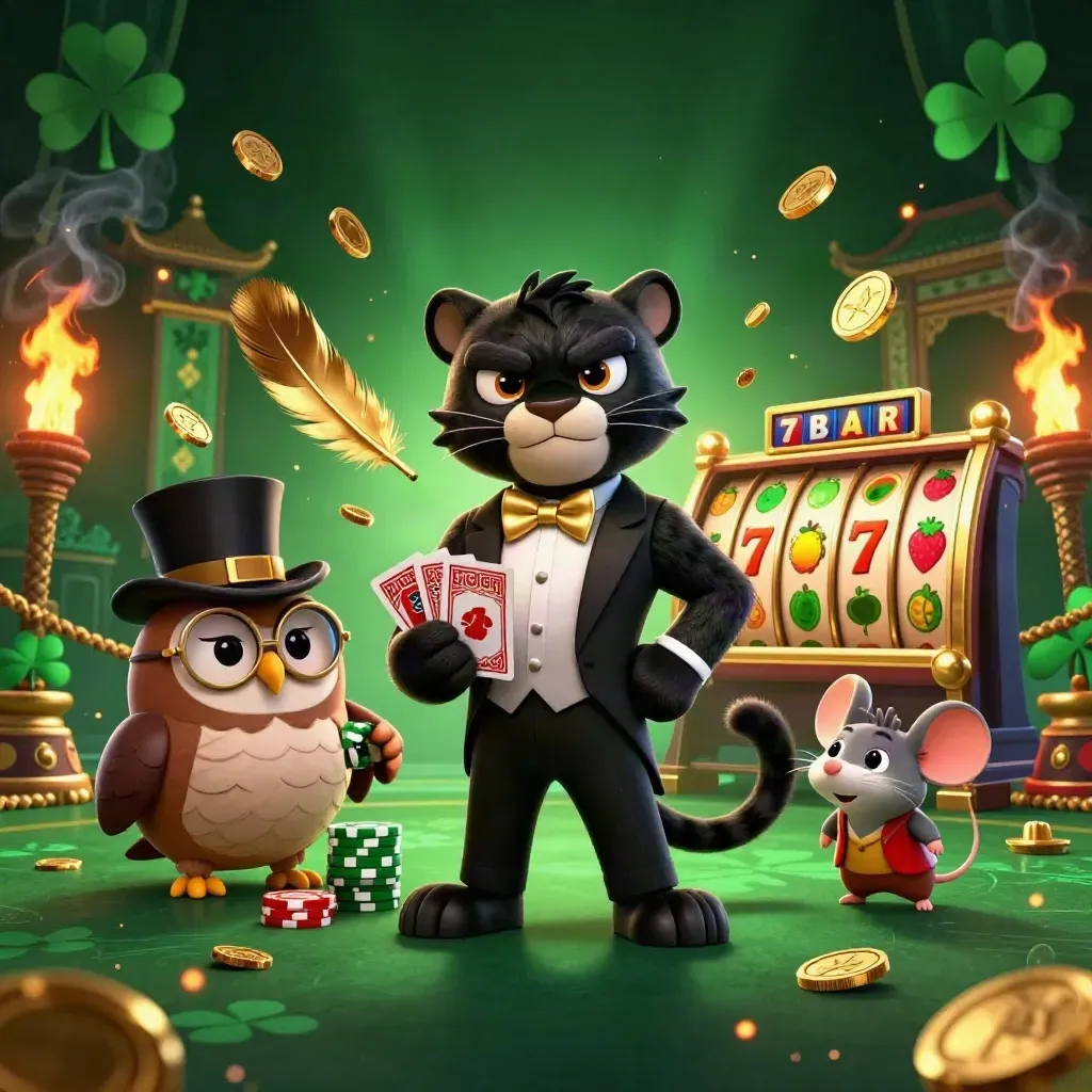 Black panther, owl, and mouse in luxe casino action amid gold, emerald light, coins, and fire.