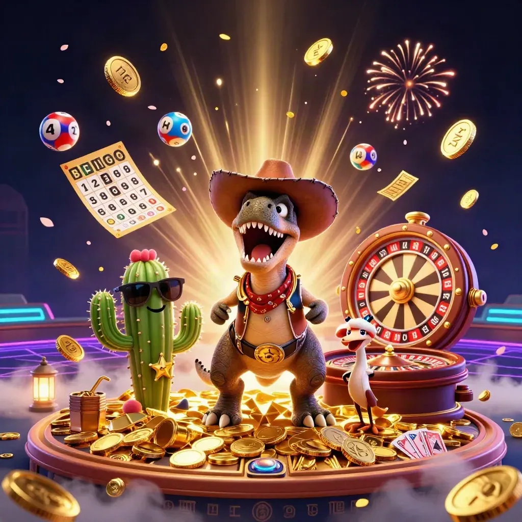 Cowboy T-Rex, cactus sidekick, and roadrunner celebrate amid casino treasure, cards, and neon lights