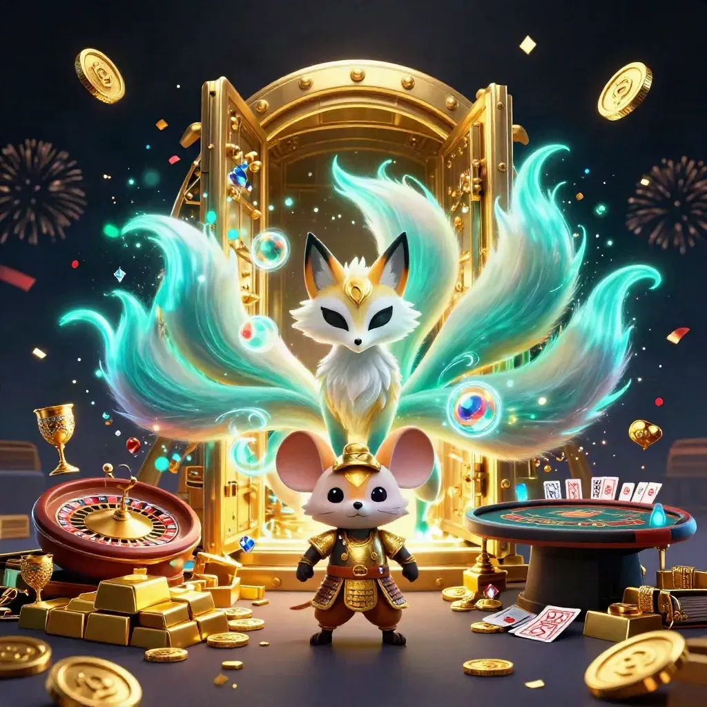 Fox spirit and armored mouse amid vault gold, coins, gems, fireworks, and casino tables.