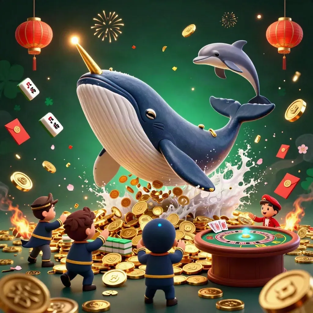 Whale captain, narwhal, and dolphins burst through gold coins with casino fireworks.