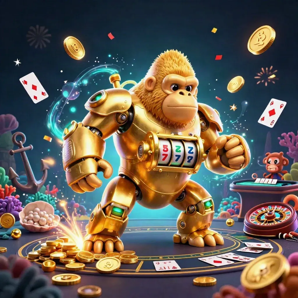 Golden gorilla mech and monkey pilot amid coins, coral, roulette, cards, and fireworks in neon navy.
