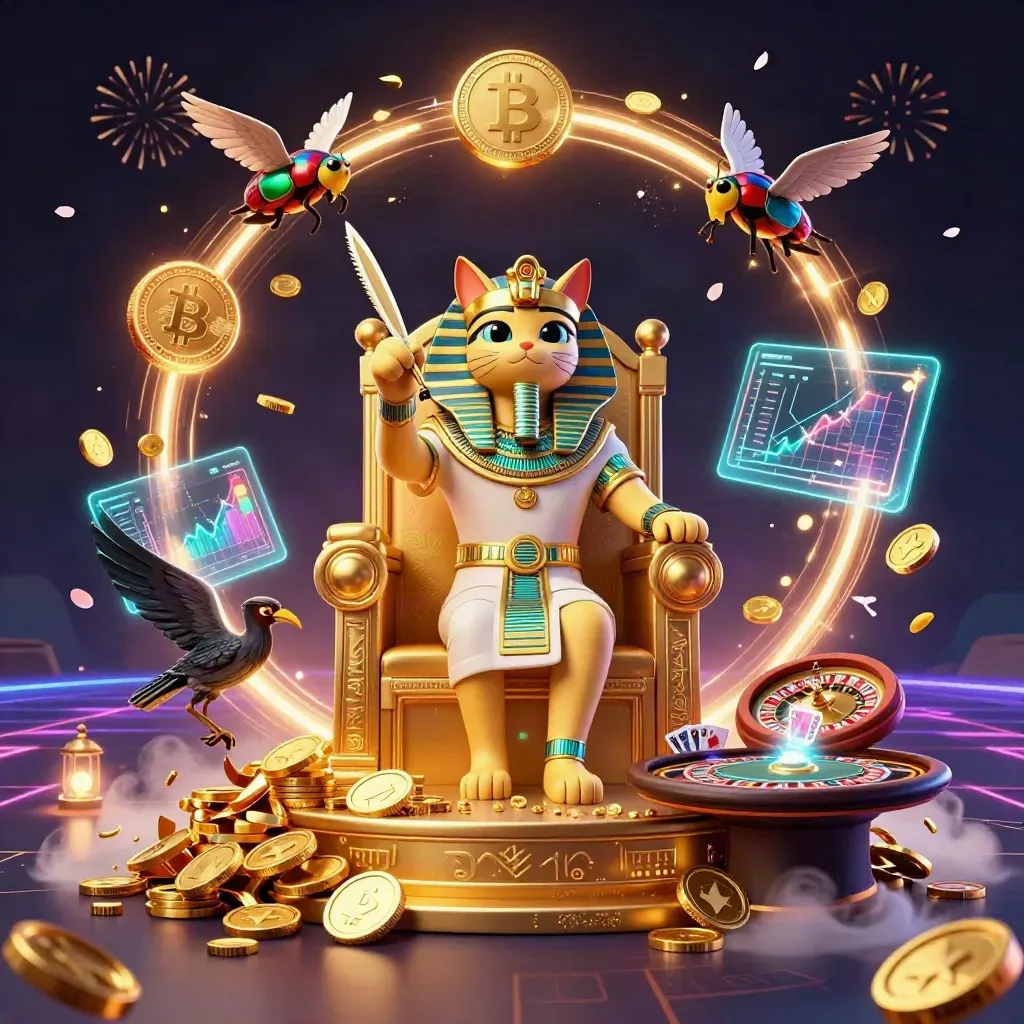 Pharaoh cat, ibis scribe, scarabs, coins, crypto, roulette, blackjack, neon casino explosion