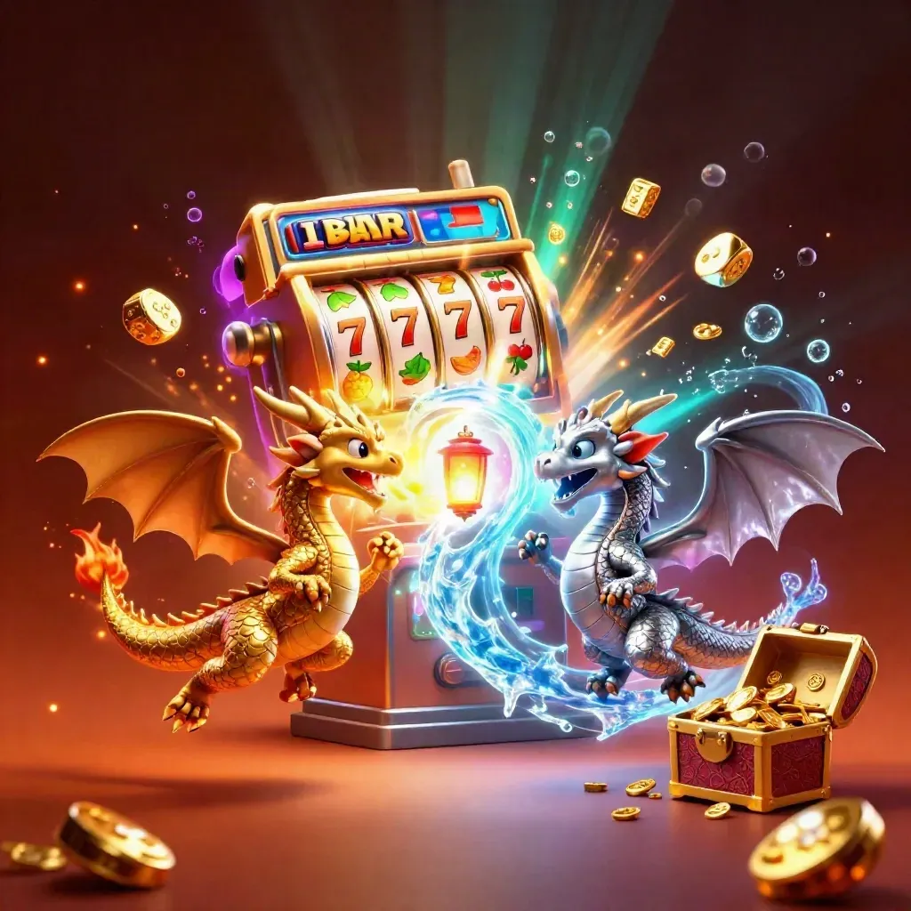 Gold and silver dragons swirl around a glowing slot machine and treasure chest in fiery neon casino art