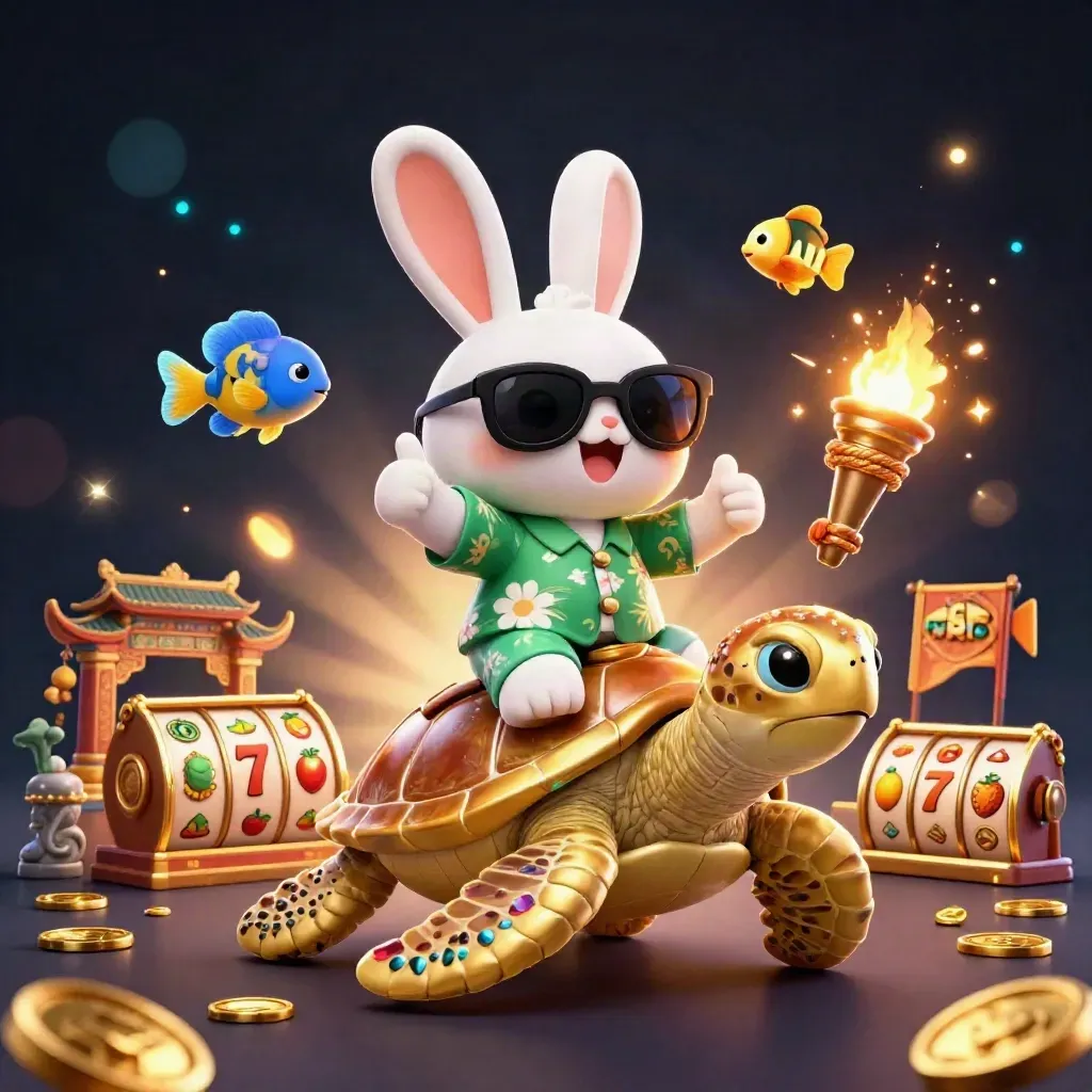Lucky rabbit rides a gold sea turtle amid casino coins, reels, and glowing temple fantasy