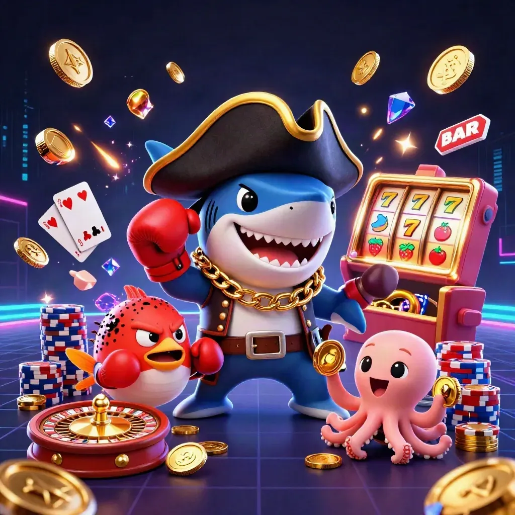 Pirate shark, red pufferfish and baby octopus explode amid casino coins, cards and neon lights.