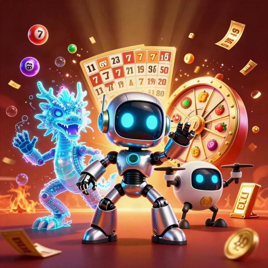 Cyberpunk robot, holographic dragon, and coin drone amid casino reels, balls, and gold confetti.