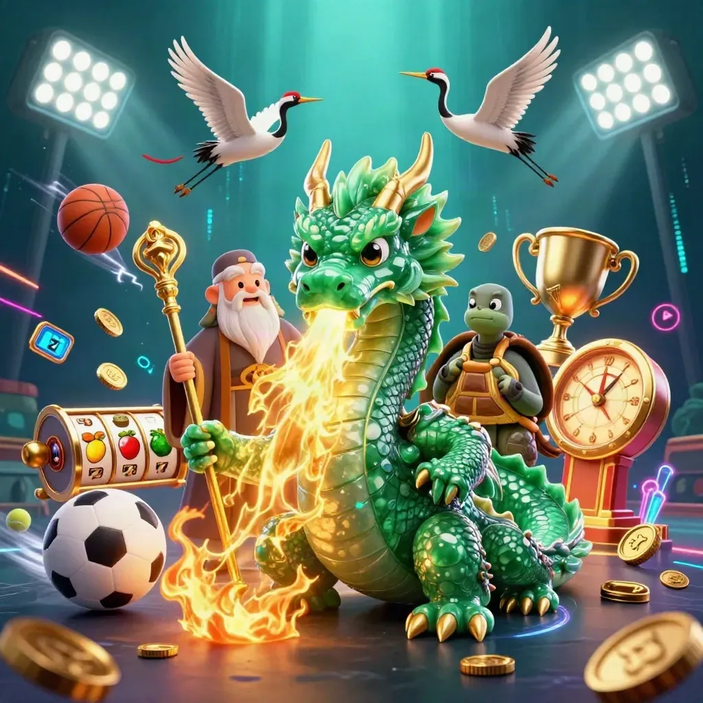 Dragon, turtle sage, and cranes in a neon casino burst with coins, reels, and golden fire.