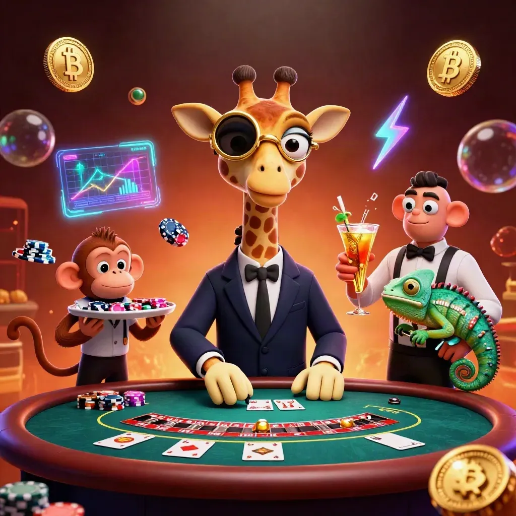 Neon casino animals around a VIP poker table with spinning coins and glowing lights