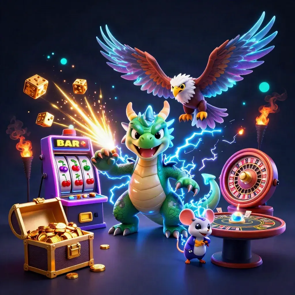 Thunder dragon, glowing hawk, and static mouse with slot machine, dice, chest, roulette, and cards