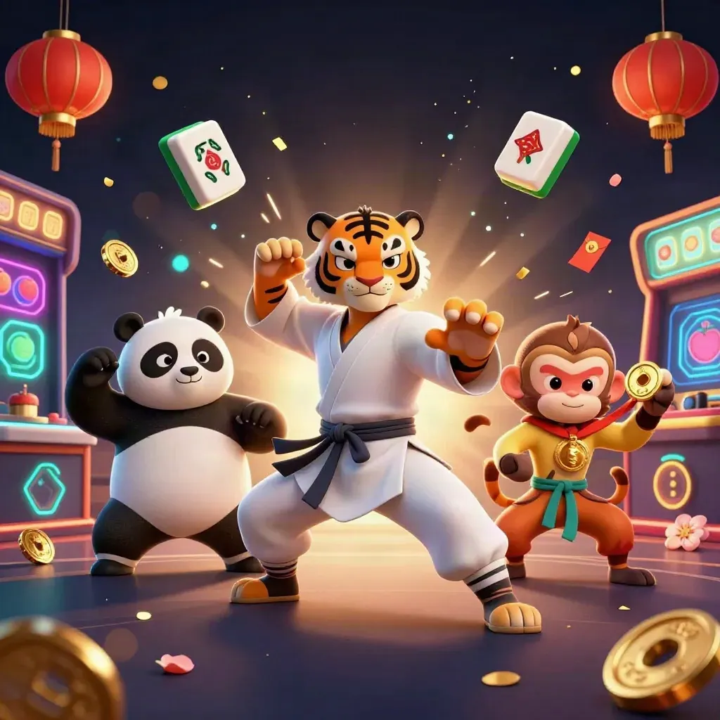 Kung-fu tiger, panda, and monkey amid casino coins, reels, lanterns, and glowing magic.